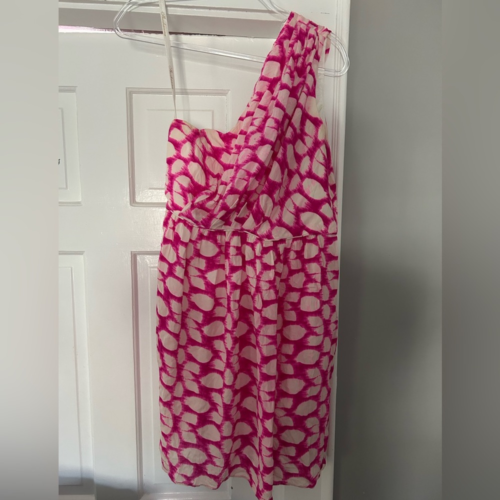 Shoshanna Pink and White One-Shoulder Dress